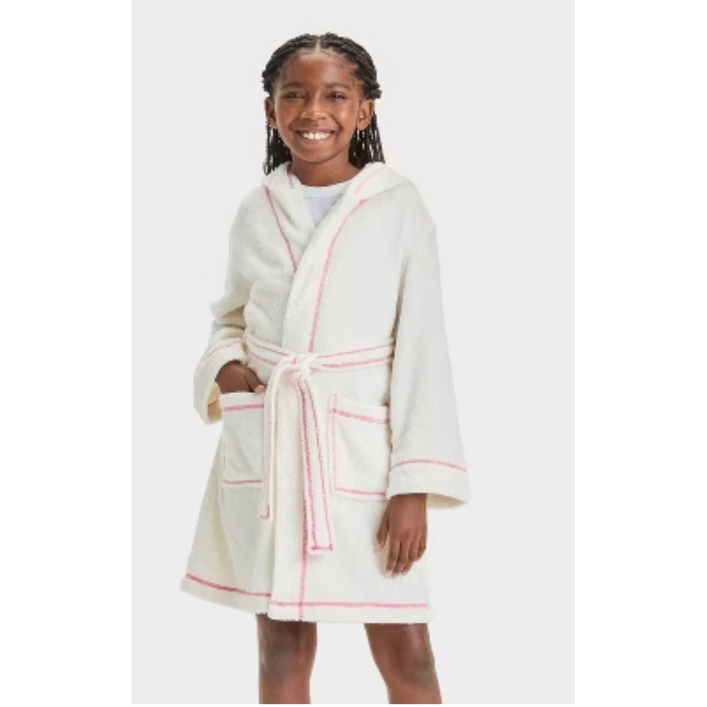 Cat & Jack Girls Cream Plush Hooded Bathrobe with Pink Trim and Ears NWT  6/7